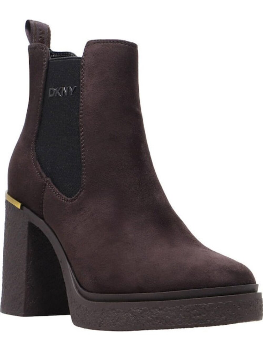 DKNY Tarquin Dark Brown Suede Block Heel Ankle Boot with Gold Accent. Sz: 8M
